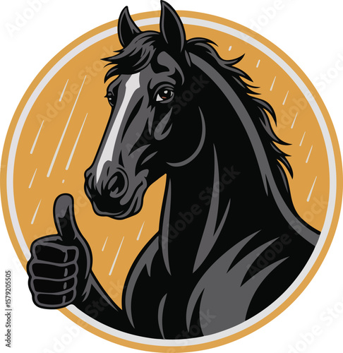 A stylized black horse with a white stripe on its face giving a thumbs up Transparent isolated png vector