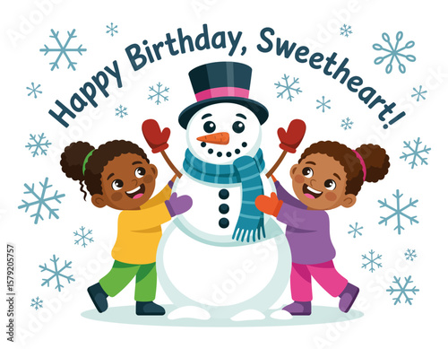 Snowman with two girls