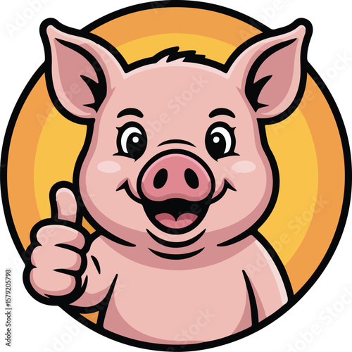 Cute cartoon pig giving a thumbs-up gesture.  Transparent isolated png vector