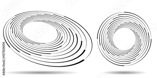 Spiral with black speed lines as dynamic abstract vector background or logo or icon. Artistic illustration with perspective on white background.