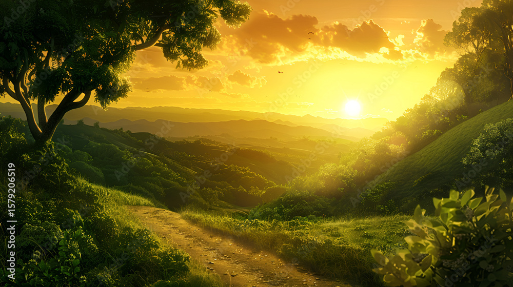 Fototapeta premium A landscape view of a dirt path leading into a valley at sunset with trees and hills in the background .