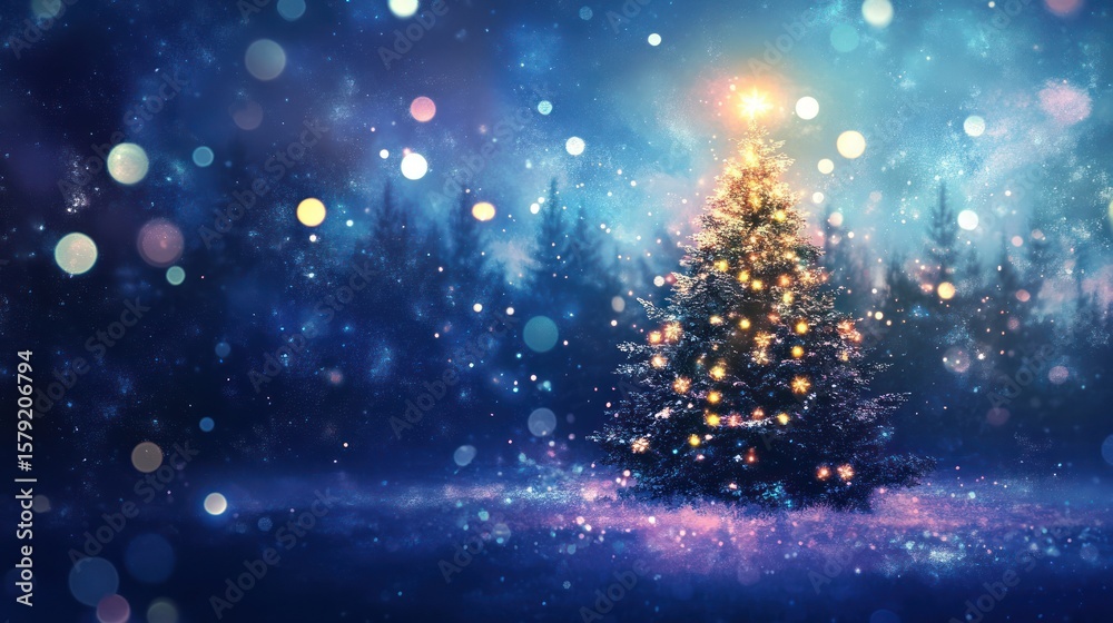 Obraz premium Enchanting Winter Night: A Mystical Christmas Tree Scene in a Snowy Forest