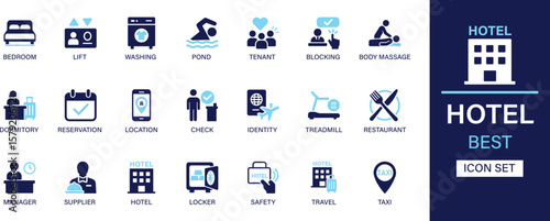 Hotel icon set collection. Bedroom, lift, washing, pond, tenant, blocking, body massage, dormitory, reservation, location, safety and best solid icon set.