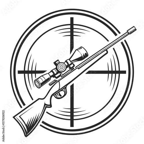 A monochromatic sniper rifle with scope lies over target crosshairs on a transparent background