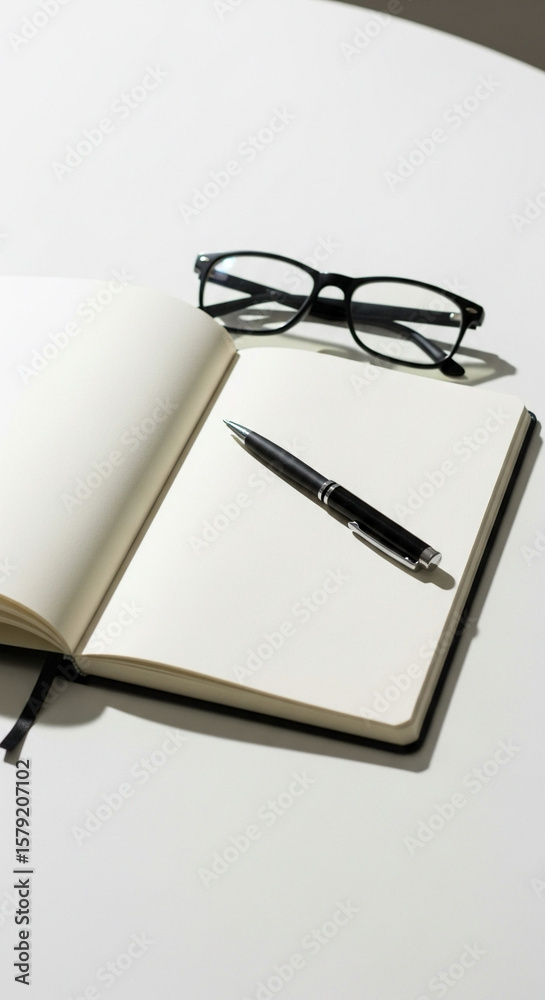 Open notebook with pen and glasses on clean white table Open notebook with pen and glasses on clean white table