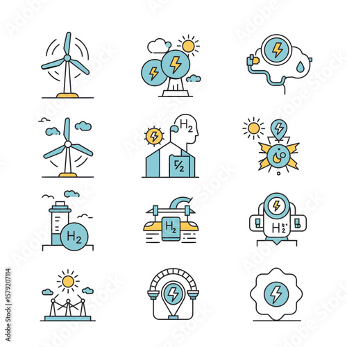 Renewable energy icons for green technology layouts. Perfect for sustainability presentations, eco friendly websites, educational materials, and environmental infographics.