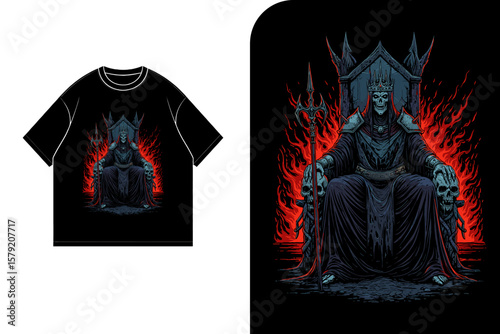 Illustration depicting a skeletal king with a crown sitting on a throne engulfed in flames, also shown on a black t-shirt.