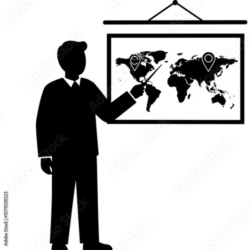 World Map Presentation: A professional gives a presentation using a world map with pointers indicating key locations, highlighting global business or travel destinations in a simple.