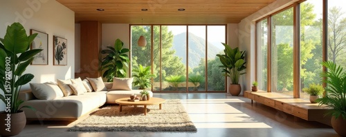 Open-plan eco-friendly living space with natural light , calm, style, ceiling