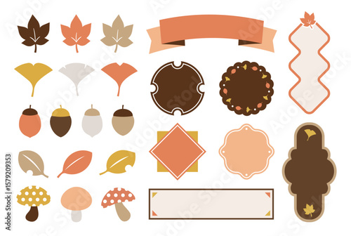 秋の葉っぱやきのこ、どんぐりをあしらった装飾素材セット（リボン フレーム 期間限定 POP ベクター）