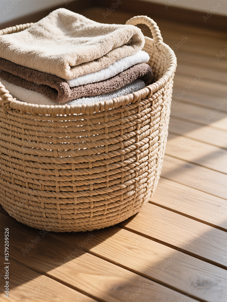 Obraz premium Folded Towels in Rattan Basket on Floor