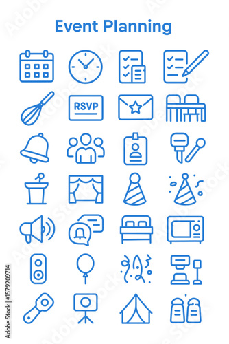 A collection of blue line icons representing various aspects of event planning and organization.