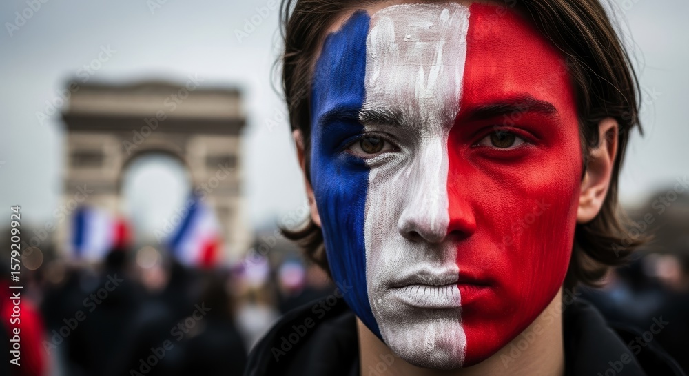 Young man with french flag painted face at a public event in paris, patriotism concept Young man with french flag painted face at a public event in paris, patriotism concept
