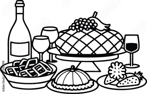 Elegant Festive Dinner Table Setting Line Art Illustration