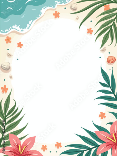 Tropical Beach Frame with Pink Flowers and Palm Leaves – Summer Invitation Template