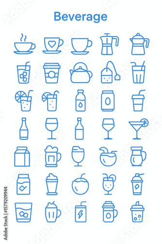 Collection of various beverage containers and related items in a simple line art style.