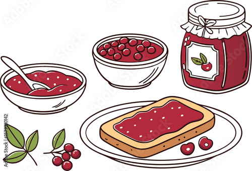 Delicious Cranberry Jam on Toast with Bowls and Jar