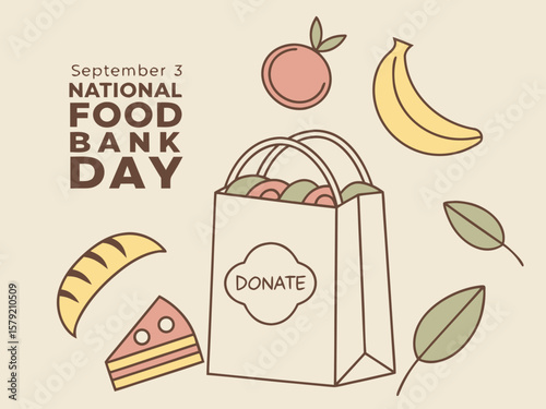 National Food Bank Day Illustration with Donation Bag and Food Items on Beige Background