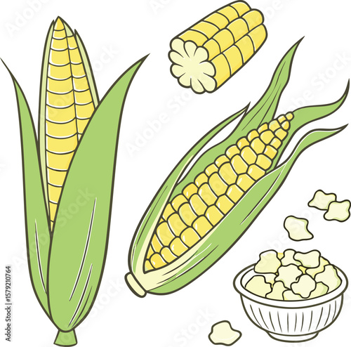 Illustration of Corn on the Cob Kernels and Bowl