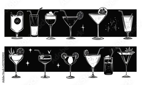Black and white vector illustration of assorted cocktails and mixed drinks in elegant glasses with garnishes and straws in minimalist flat design style