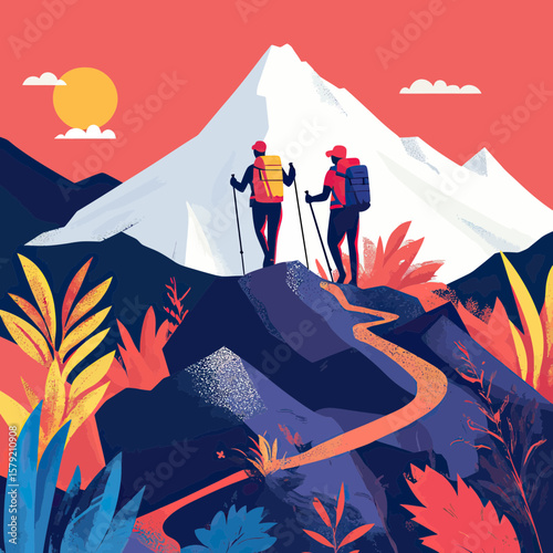Couple hikers trekking mountain trail with backpacks and walking poles near snowy peak at sunset landscape adventure travel outdoor activity concept vector illustration
