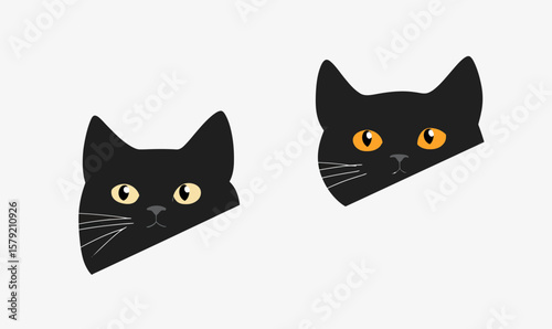 Minimalist flat vector black cats peeking with yellow and orange eyes isolated on white background modern playful pet illustration design