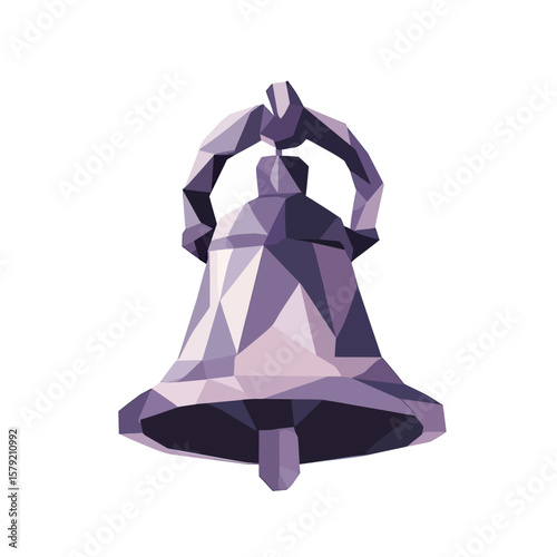 Low poly geometric bell vector illustration with polygonal facets in purple tones isolated on white background for minimal design concept and decoration