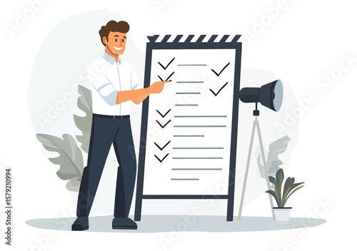 Businessman standing with checklist on director clapperboard style board marking tasks completed in modern flat vector illustration