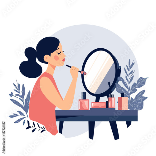 Woman applying makeup at dressing table with mirror and cosmetic products flat vector illustration of beauty routine and self care concept in minimalist style with dark hair and pink outfit