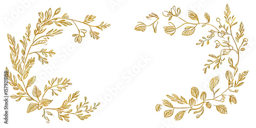 Elegant gold floral corner frame with hand drawn leaves and botanical branches decorative border design for invitations and stationery