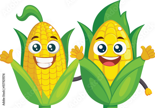 Two Happy Corn Cob Cartoon Characters Giving Thumbs Up