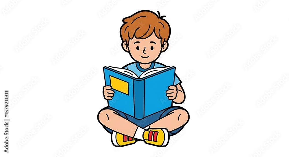 Cute cartoon boy sitting cross legged reading a blue book with a yellow cover Cute cartoon boy sitting cross legged reading a blue book with a yellow cover