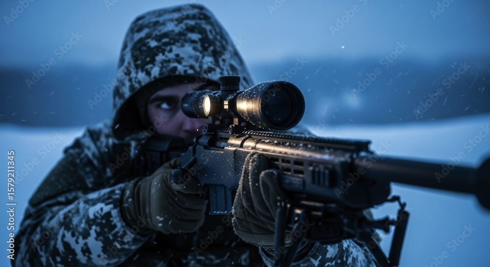 Obraz premium A focused sniper in winter camouflage aiming a high powered rifle with a scope in snowy conditions.