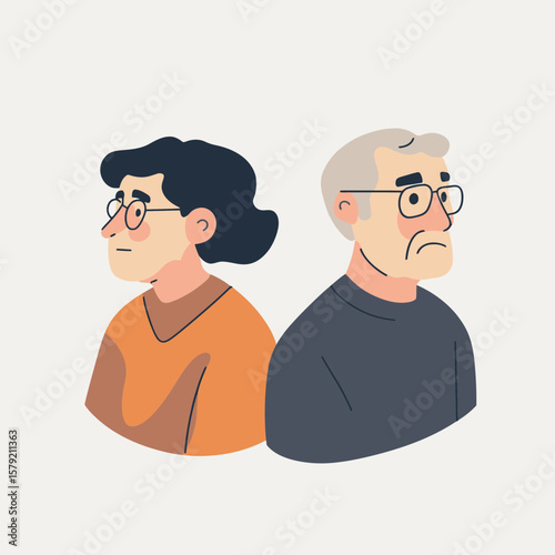 Minimalist flat vector illustration of elderly man and woman facing opposite directions with neutral and sad expressions wearing glasses and casual clothes isolated on white background