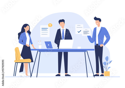 Business team meeting with manager delegating tasks and colleagues discussing work project in modern office flat vector illustration