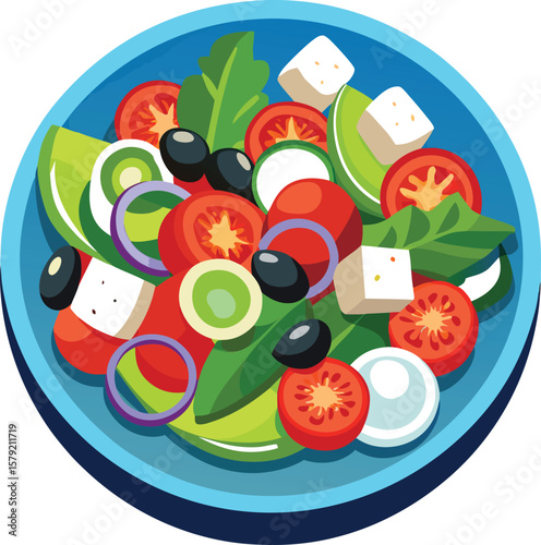 Tea Ceremony Bowl Delicious Greek Salad with Fresh Tomatoes, Cucumbers, and Feta Cheese in a Blue Bowl