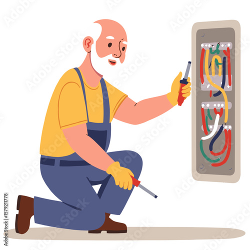 Elderly electrician with wires. Senior man fixing cables. Retired technician at work. Elderly worker with electric tools. Elderly set