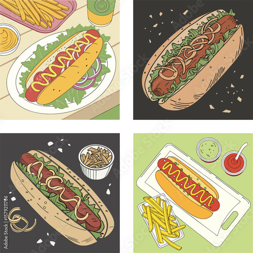 Delicious hot dogs and french fries presented in four distinct artistic styles