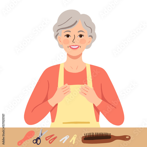 Elderly hairdresser with scissors. Senior stylist at work. Mature woman cutting hair. Experienced barber in action. Elderly set