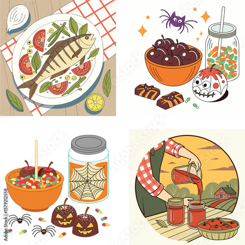 A collection of four illustrations featuring food and halloween themes