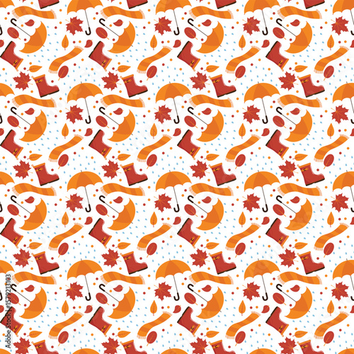 Seamless autumn pattern of rainy fall, rain boot, leaves and umbrella with rain waterdrops