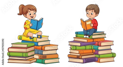 Two happy cartoon children sitting on stacks of colorful books reading