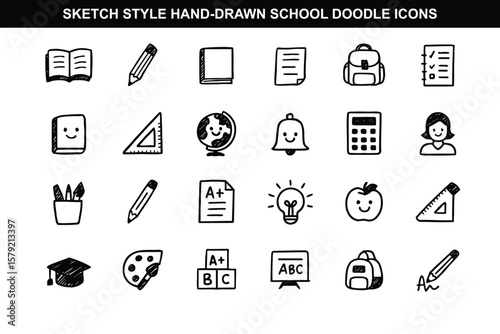 Sketch Style Hand-Drawn School and Learning Doodle Icons for Kids Worksheets