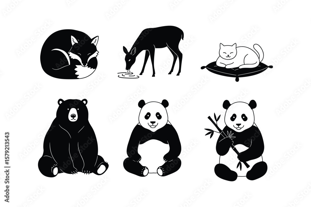 Naklejka premium Black and white animal illustrations deer bear