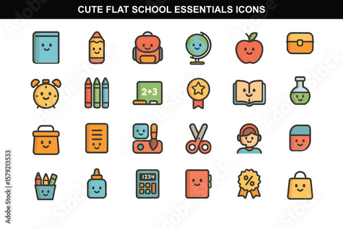 Cute Flat School Essentials Icons for Kids Learning and Preschool Designs