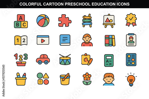 Colorful Cartoon Preschool Education Icons for Kids Learning Apps and Daycare