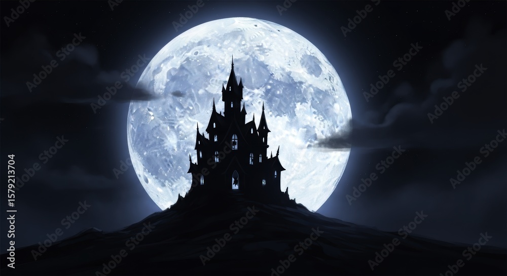Fototapeta premium Silhouetted haunted castle on a desolate hill against a colossal full moon at night.
