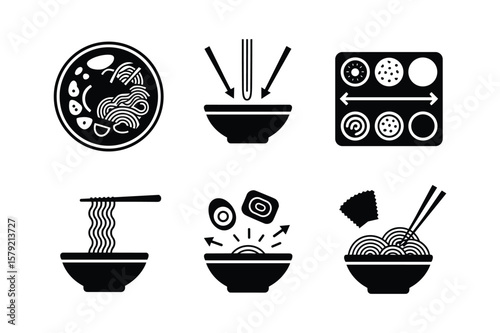Black and white icons depicting noodle preparation and serving noodles ramen
