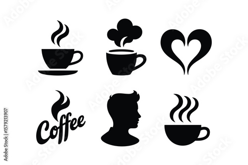 Black coffee cup icons with steam and heart shape beverage