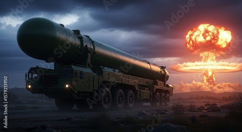 Obraz na płótnie Massive intercontinental ballistic missile on transporter with nuclear explosion